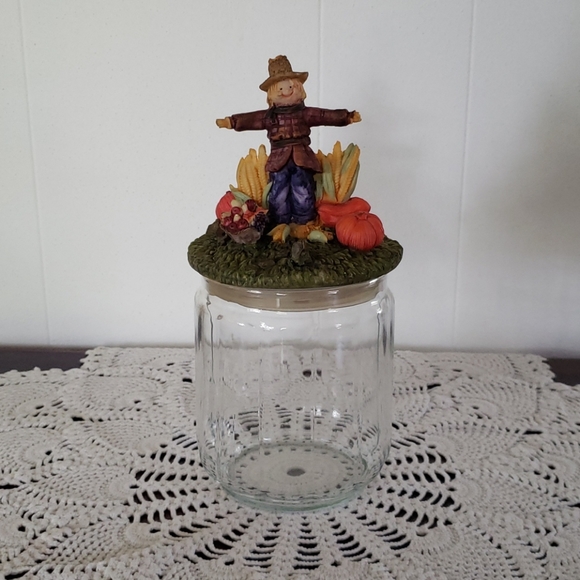 Cute Glass Candy Jar Scarecrow Pumpkin Cornstalks
